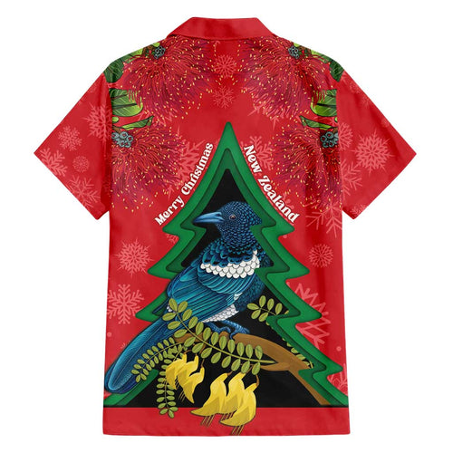New Zealand Christmas In July Family Matching Short Sleeve Bodycon Dress and Hawaiian Shirt Kowhai Tui Bird With Pohutukawa - Red