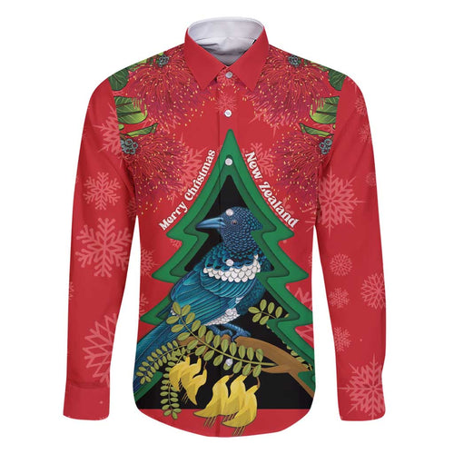 New Zealand Christmas In July Family Matching Short Sleeve Bodycon Dress and Hawaiian Shirt Kowhai Tui Bird With Pohutukawa - Red