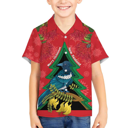 New Zealand Christmas In July Family Matching Short Sleeve Bodycon Dress and Hawaiian Shirt Kowhai Tui Bird With Pohutukawa - Red