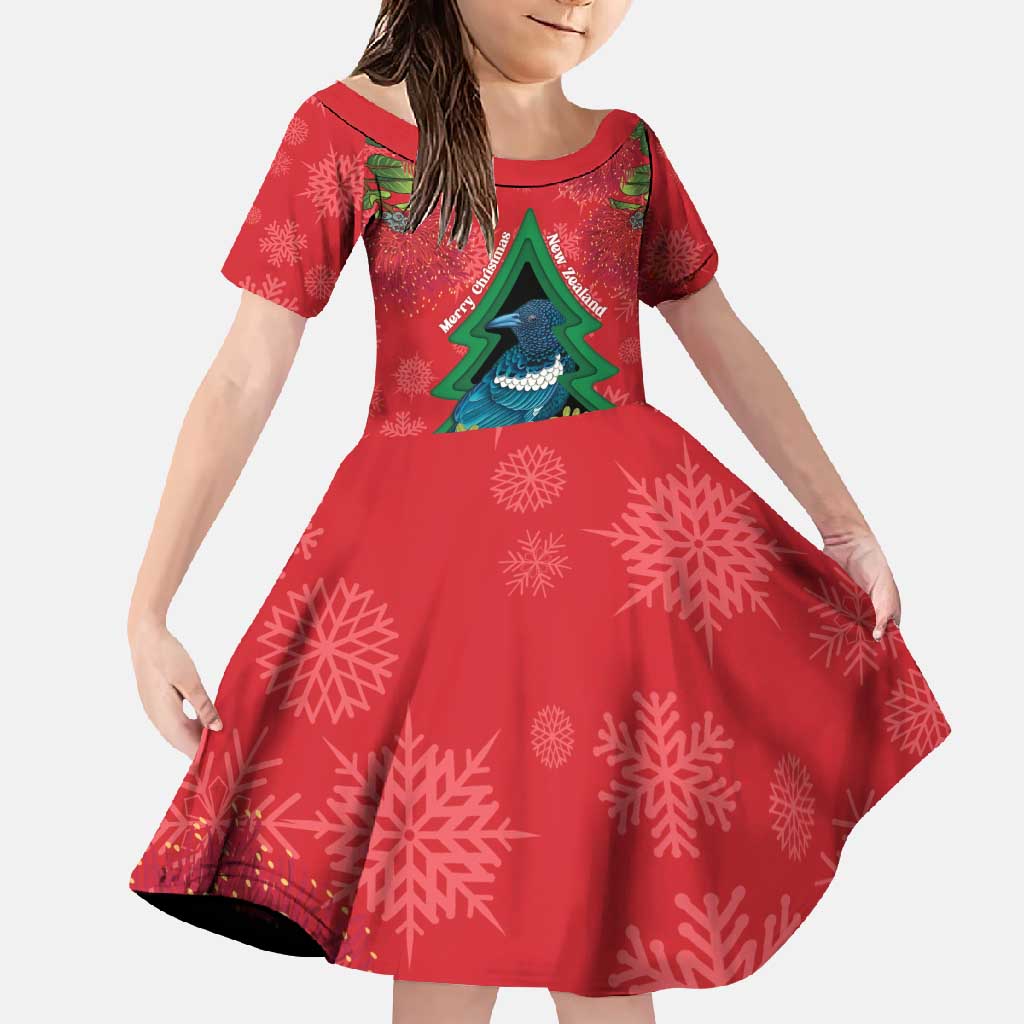 New Zealand Christmas In July Family Matching Summer Maxi Dress and Hawaiian Shirt Kowhai Tui Bird With Pohutukawa - Red