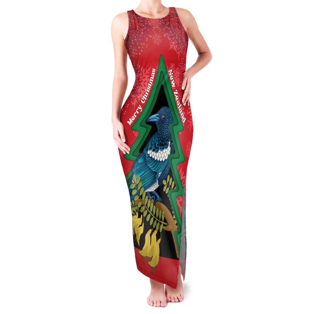 New Zealand Christmas In July Family Matching Tank Maxi Dress and Hawaiian Shirt Kowhai Tui Bird With Pohutukawa - Red