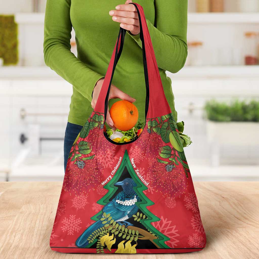New Zealand Christmas In July Grocery Bag Kowhai Tui Bird With Pohutukawa - Red