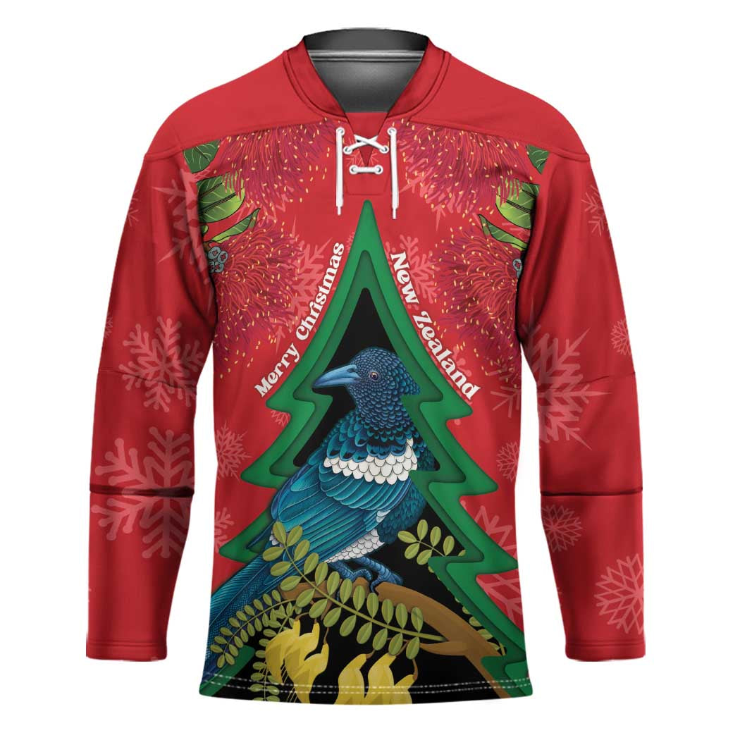 New Zealand Christmas In July Hockey Jersey Kowhai Tui Bird With Pohutukawa - Red - Aussie Hoodie