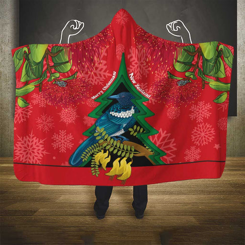 New Zealand Christmas In July Hooded Blanket Kowhai Tui Bird With Pohutukawa - Red