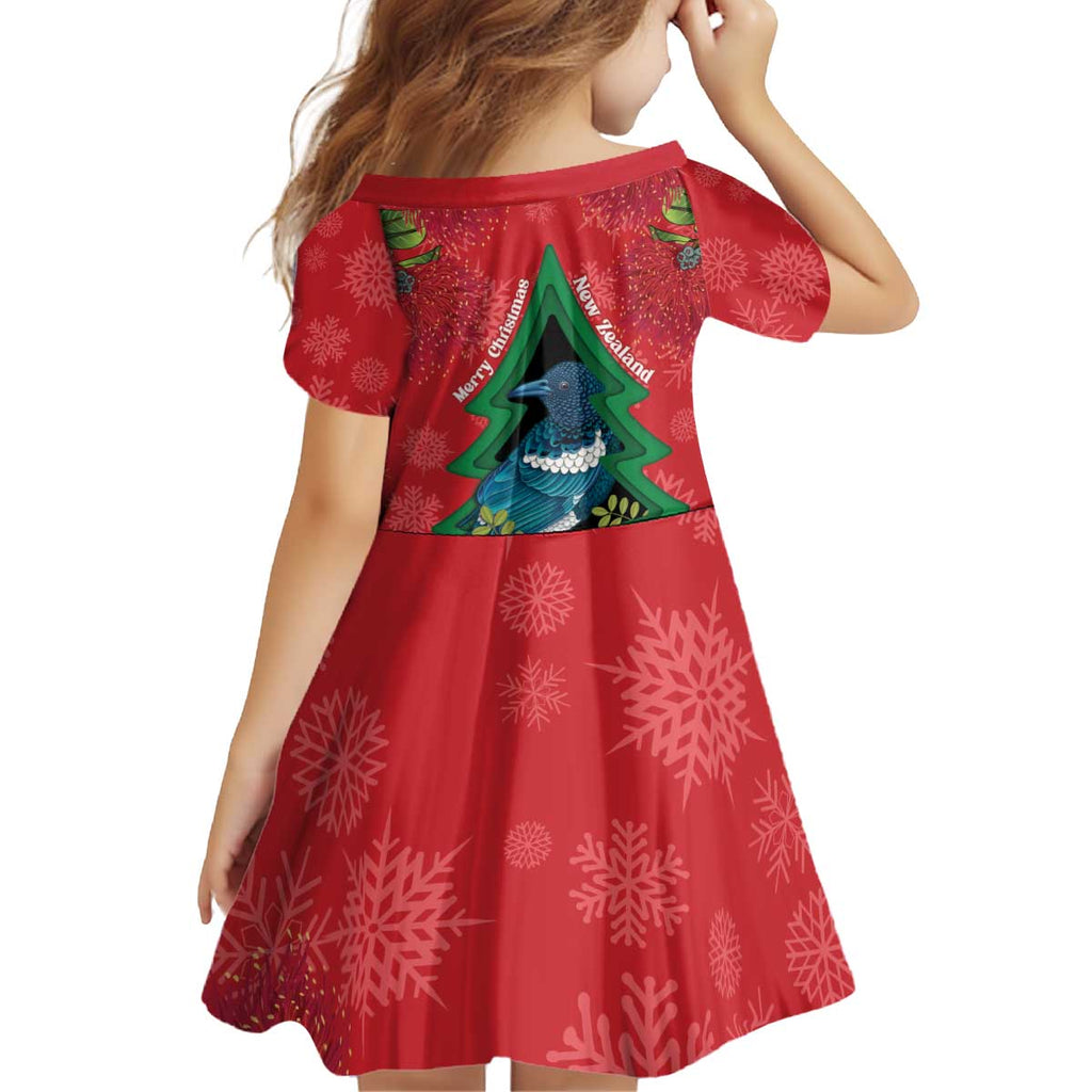 New Zealand Christmas In July Kid Short Sleeve Dress Kowhai Tui Bird With Pohutukawa - Red
