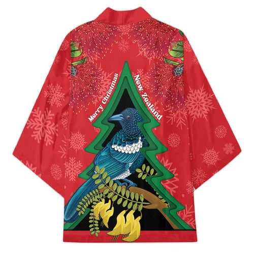New Zealand Christmas In July Kimono Kowhai Tui Bird With Pohutukawa - Red - Aussie Hoodie