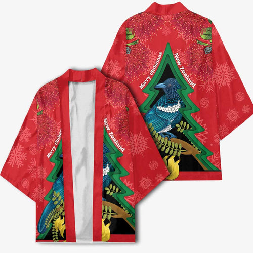 New Zealand Christmas In July Kimono Kowhai Tui Bird With Pohutukawa - Red - Aussie Hoodie