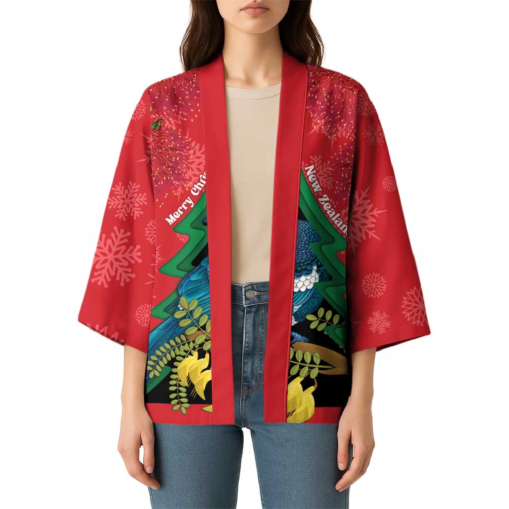 New Zealand Christmas In July Kimono Kowhai Tui Bird With Pohutukawa - Red - Aussie Hoodie