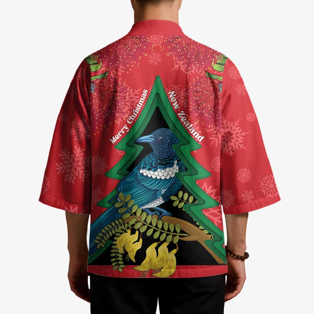 New Zealand Christmas In July Kimono Kowhai Tui Bird With Pohutukawa - Red - Aussie Hoodie