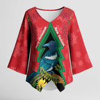 New Zealand Christmas In July Kimono Sleeve Blouse Kowhai Tui Bird With Pohutukawa - Red - Aussie Hoodie