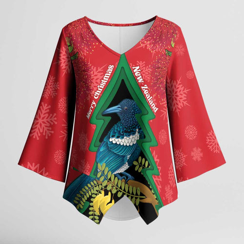 New Zealand Christmas In July Kimono Sleeve Blouse Kowhai Tui Bird With Pohutukawa - Red - Aussie Hoodie