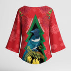New Zealand Christmas In July Kimono Sleeve Blouse Kowhai Tui Bird With Pohutukawa - Red - Aussie Hoodie