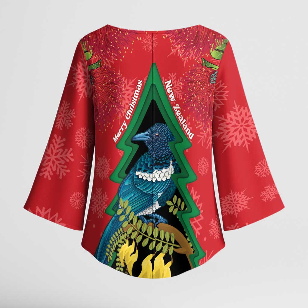 New Zealand Christmas In July Kimono Sleeve Blouse Kowhai Tui Bird With Pohutukawa - Red - Aussie Hoodie