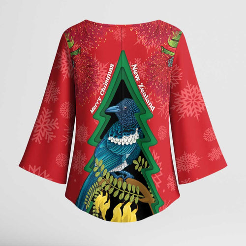 New Zealand Christmas In July Kimono Sleeve Blouse Kowhai Tui Bird With Pohutukawa - Red - Aussie Hoodie