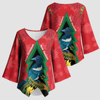 New Zealand Christmas In July Kimono Sleeve Blouse Kowhai Tui Bird With Pohutukawa - Red - Aussie Hoodie