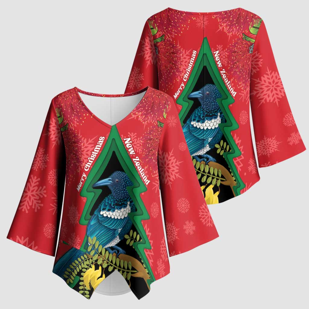 New Zealand Christmas In July Kimono Sleeve Blouse Kowhai Tui Bird With Pohutukawa - Red - Aussie Hoodie
