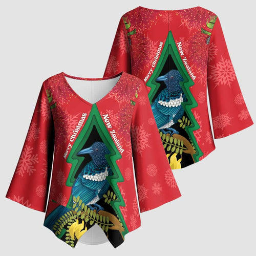 New Zealand Christmas In July Kimono Sleeve Blouse Kowhai Tui Bird With Pohutukawa - Red - Aussie Hoodie