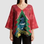 New Zealand Christmas In July Kimono Sleeve Blouse Kowhai Tui Bird With Pohutukawa - Red - Aussie Hoodie