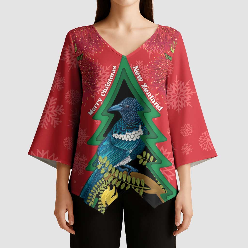 New Zealand Christmas In July Kimono Sleeve Blouse Kowhai Tui Bird With Pohutukawa - Red - Aussie Hoodie
