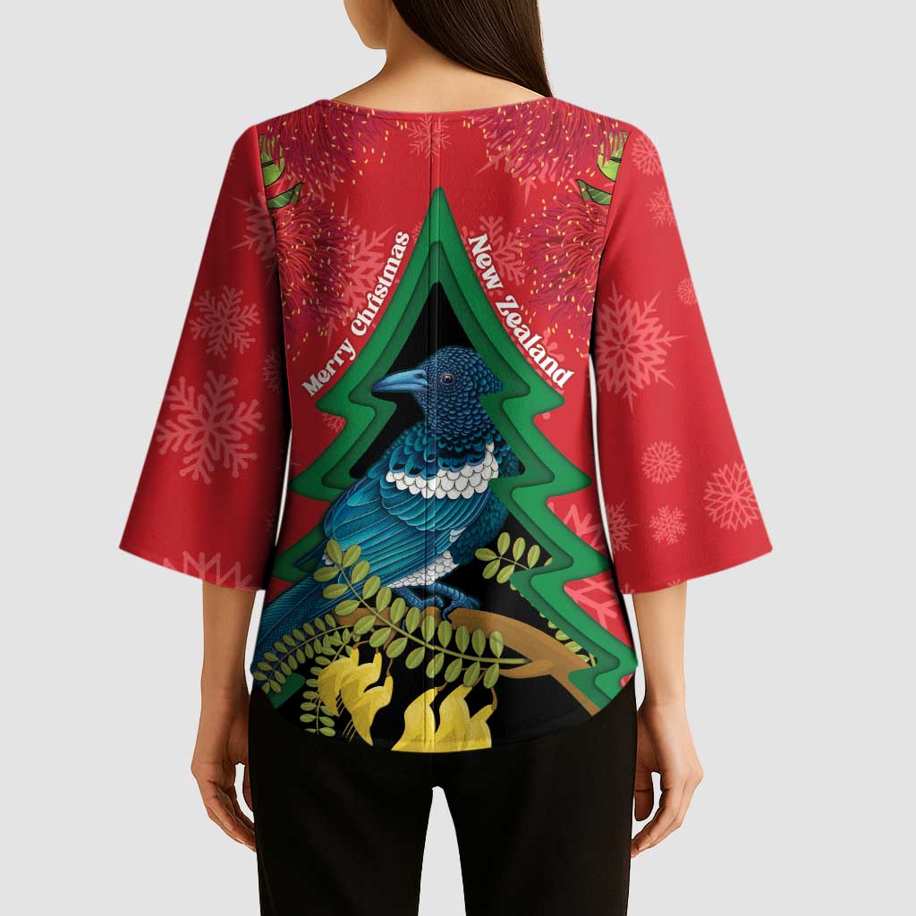 New Zealand Christmas In July Kimono Sleeve Blouse Kowhai Tui Bird With Pohutukawa - Red - Aussie Hoodie