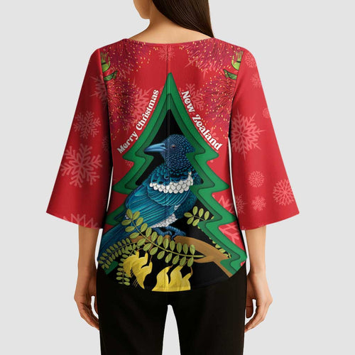 New Zealand Christmas In July Kimono Sleeve Blouse Kowhai Tui Bird With Pohutukawa - Red - Aussie Hoodie