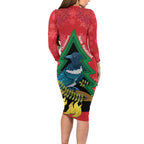 New Zealand Christmas In July Long Sleeve Bodycon Dress Kowhai Tui Bird With Pohutukawa - Red