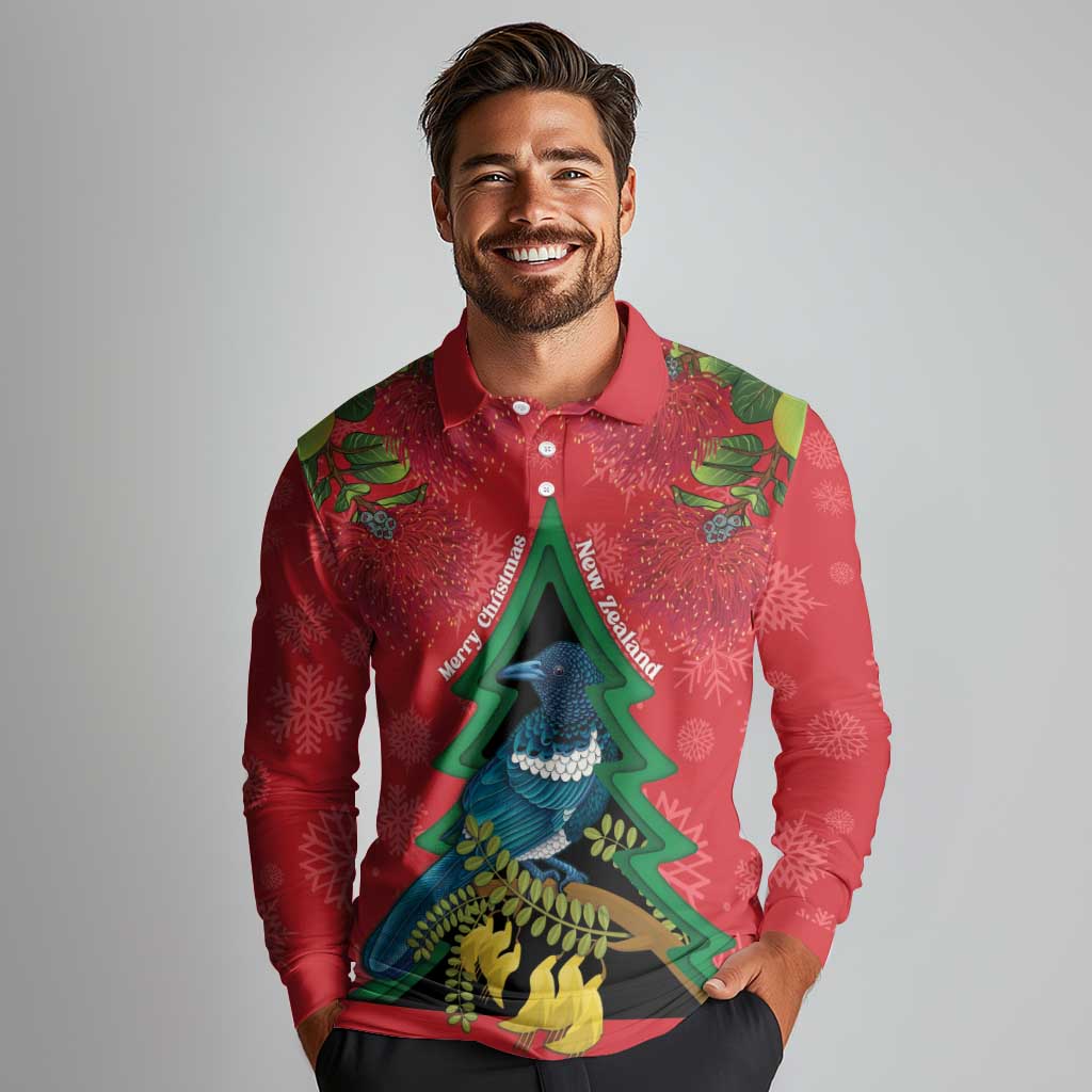 New Zealand Christmas In July Long Sleeve Polo Shirt Kowhai Tui Bird With Pohutukawa - Red