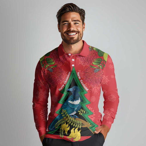 New Zealand Christmas In July Long Sleeve Polo Shirt Kowhai Tui Bird With Pohutukawa - Red