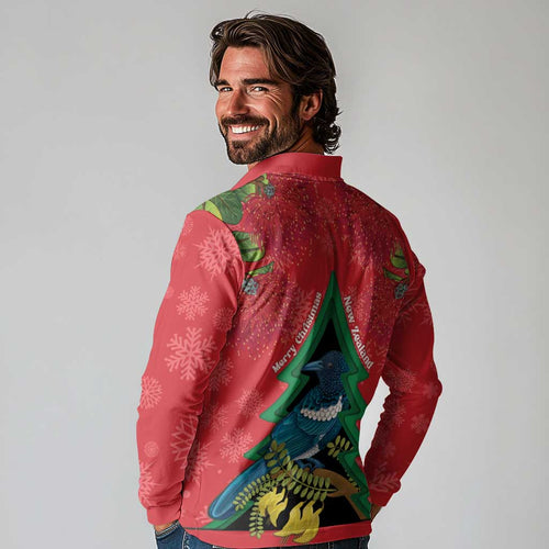 New Zealand Christmas In July Long Sleeve Polo Shirt Kowhai Tui Bird With Pohutukawa - Red
