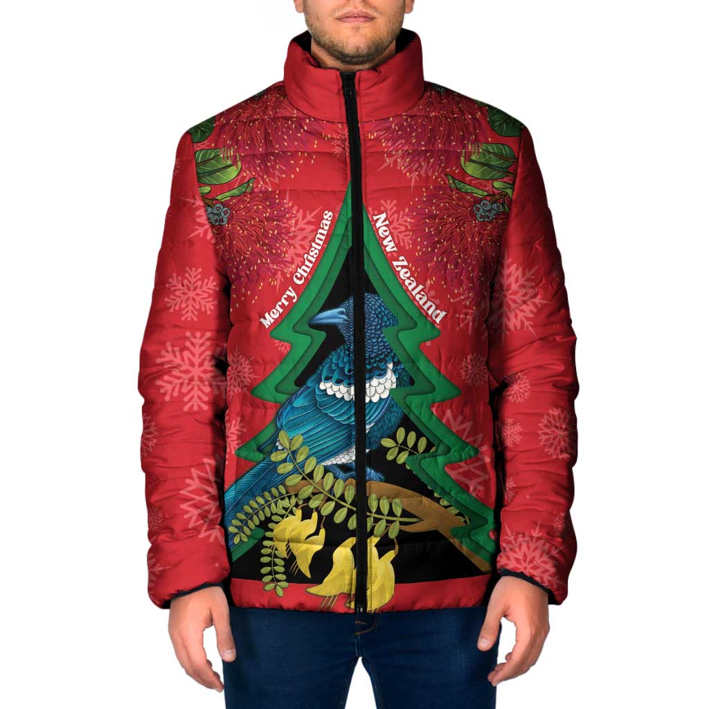 New Zealand Christmas In July Padded Jacket Kowhai Tui Bird With Pohutukawa - Red - Aussie Hoodie