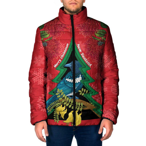New Zealand Christmas In July Padded Jacket Kowhai Tui Bird With Pohutukawa - Red - Aussie Hoodie