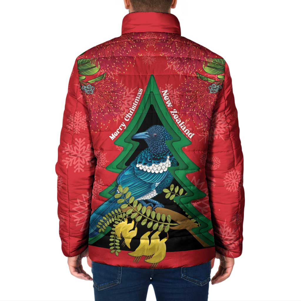 New Zealand Christmas In July Padded Jacket Kowhai Tui Bird With Pohutukawa - Red - Aussie Hoodie