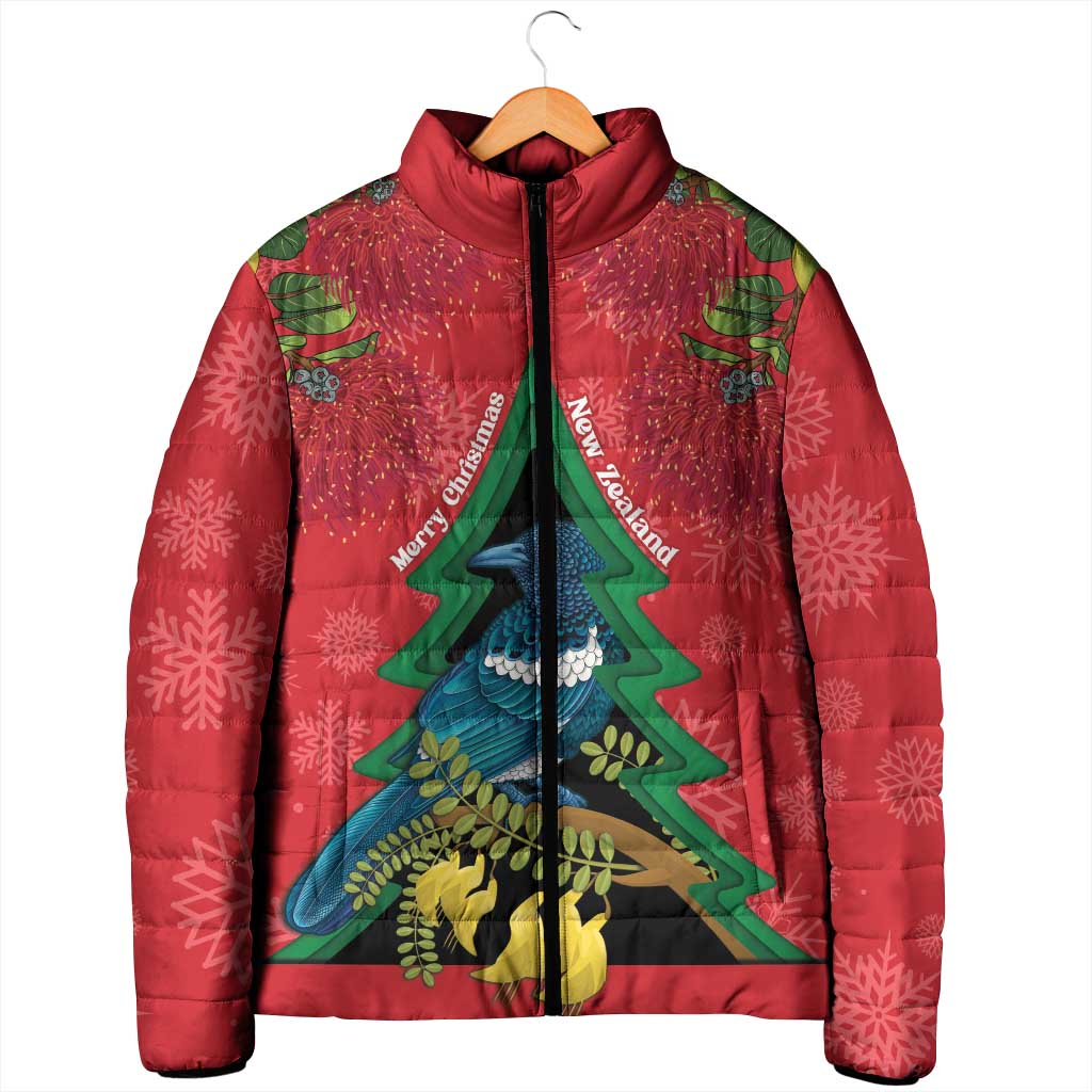 New Zealand Christmas In July Padded Jacket Kowhai Tui Bird With Pohutukawa - Red - Aussie Hoodie