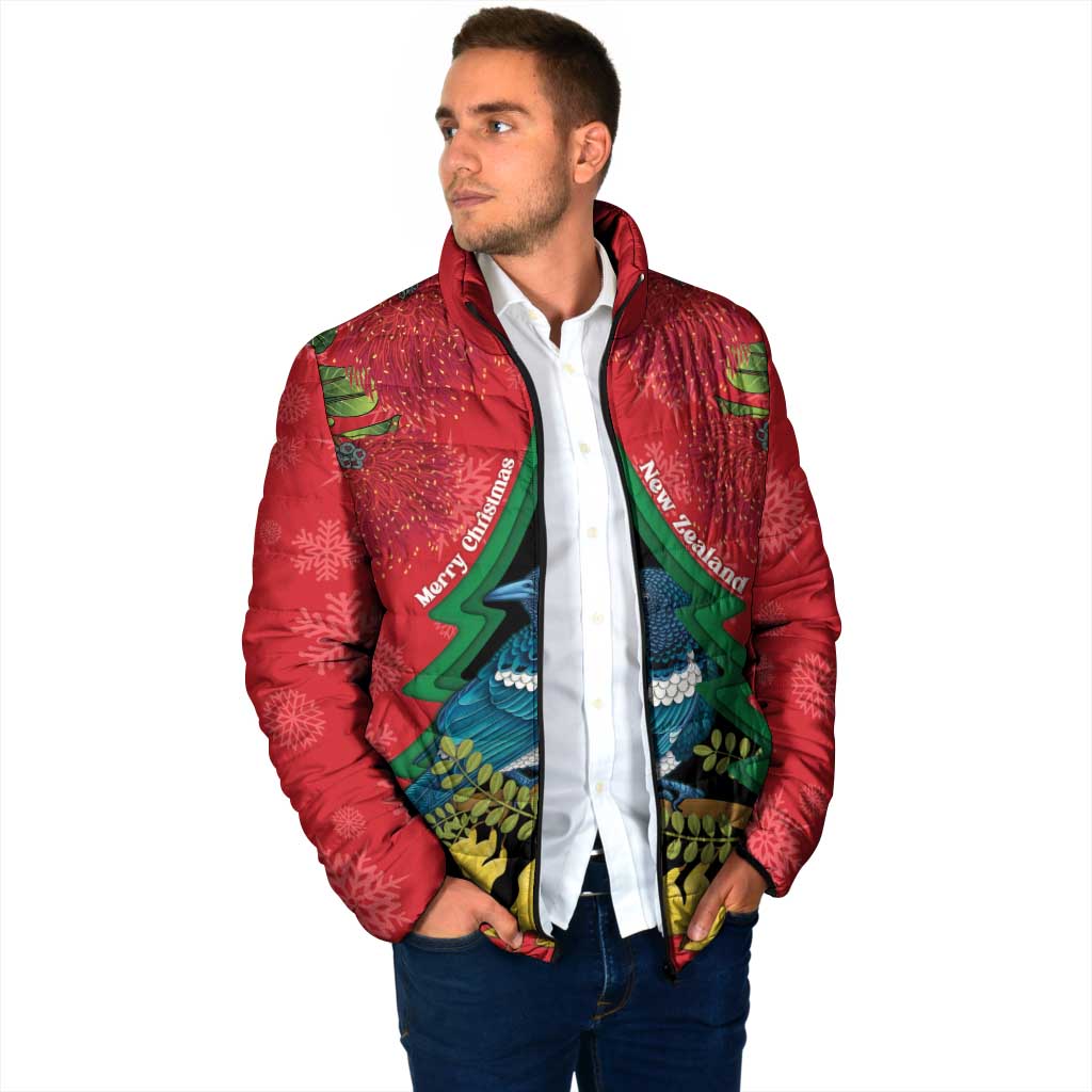 New Zealand Christmas In July Padded Jacket Kowhai Tui Bird With Pohutukawa - Red - Aussie Hoodie