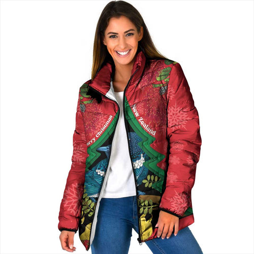 New Zealand Christmas In July Padded Jacket Kowhai Tui Bird With Pohutukawa - Red - Aussie Hoodie