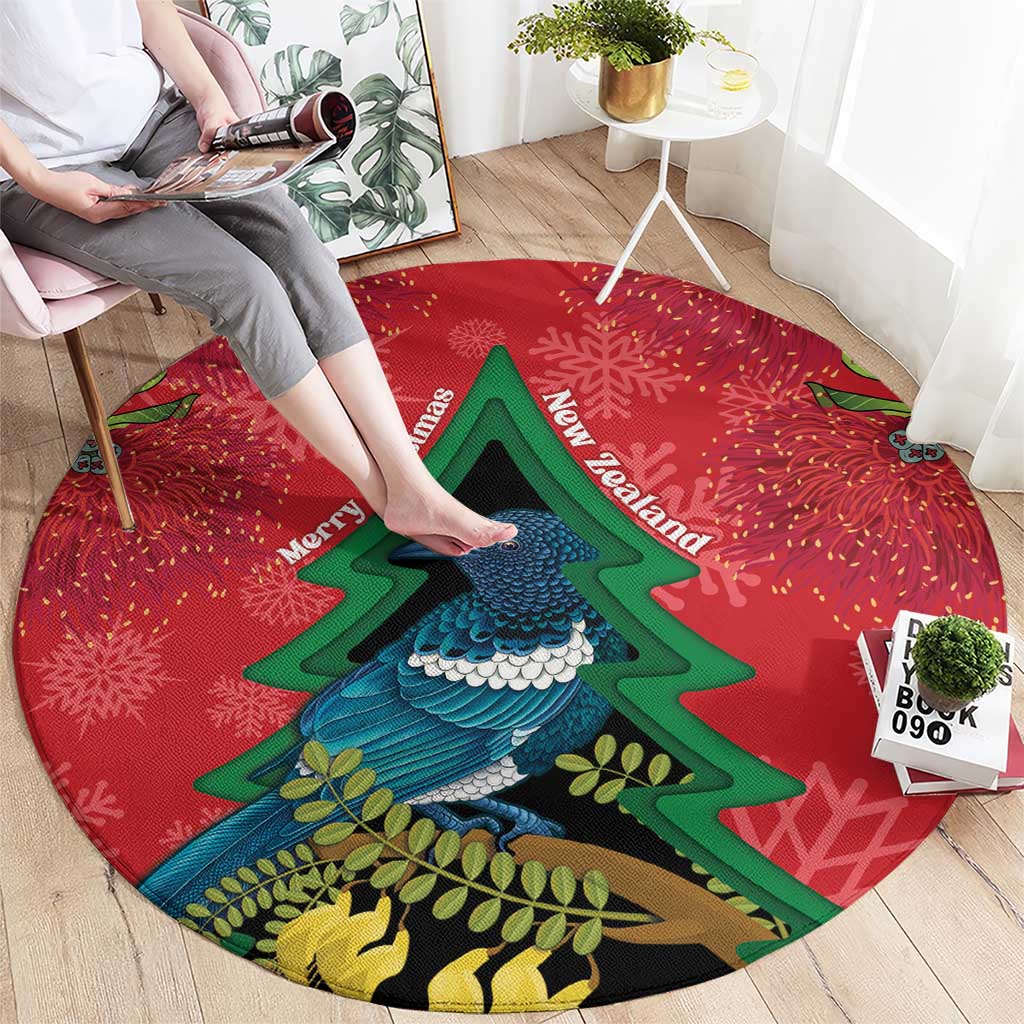 New Zealand Christmas In July Round Carpet Kowhai Tui Bird With Pohutukawa - Red