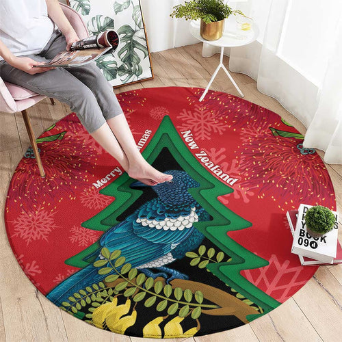 New Zealand Christmas In July Round Carpet Kowhai Tui Bird With Pohutukawa - Red