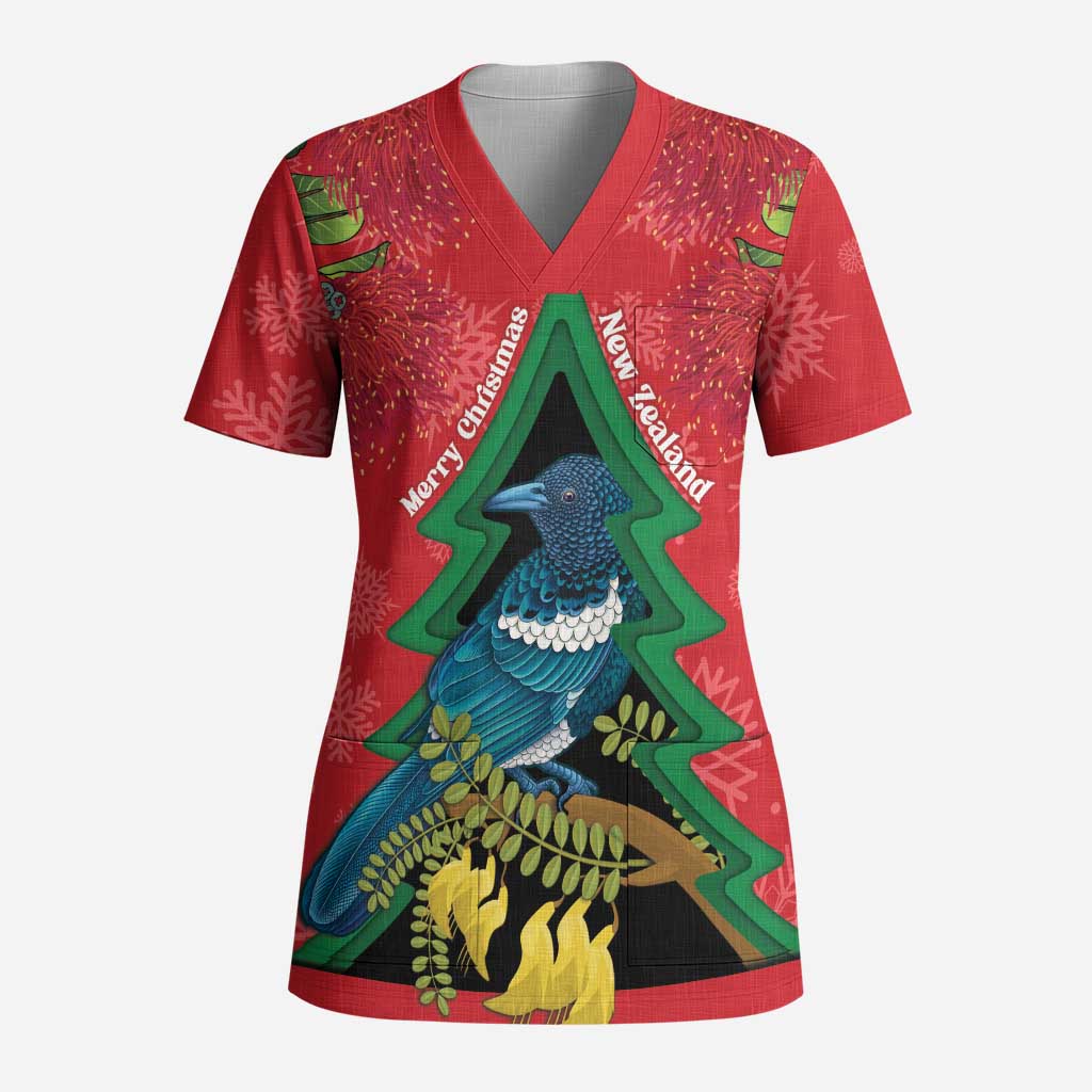 New Zealand Christmas In July Scrub Top Kowhai Tui Bird With Pohutukawa - Red - Aussie Hoodie