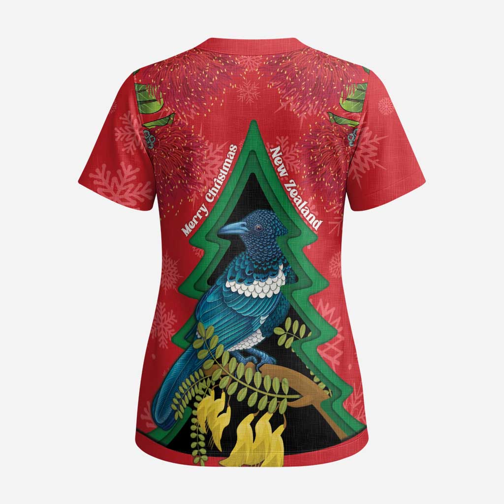 New Zealand Christmas In July Scrub Top Kowhai Tui Bird With Pohutukawa - Red - Aussie Hoodie