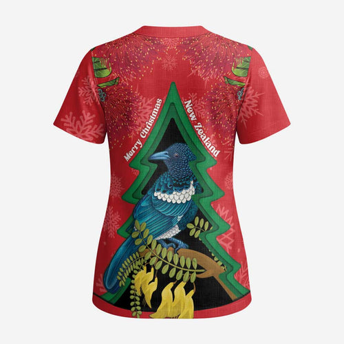 New Zealand Christmas In July Scrub Top Kowhai Tui Bird With Pohutukawa - Red - Aussie Hoodie