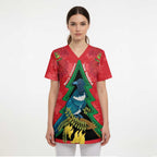 New Zealand Christmas In July Scrub Top Kowhai Tui Bird With Pohutukawa - Red - Aussie Hoodie