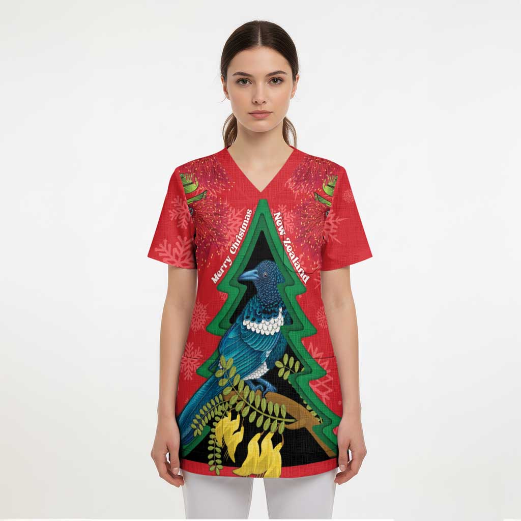 New Zealand Christmas In July Scrub Top Kowhai Tui Bird With Pohutukawa - Red - Aussie Hoodie