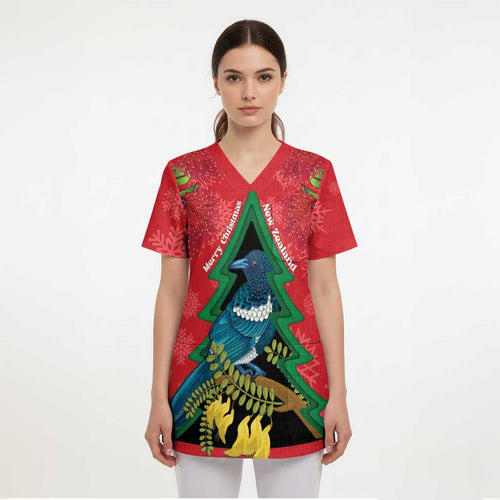 New Zealand Christmas In July Scrub Top Kowhai Tui Bird With Pohutukawa - Red - Aussie Hoodie