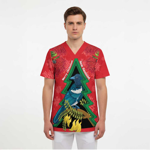 New Zealand Christmas In July Scrub Top Kowhai Tui Bird With Pohutukawa - Red - Aussie Hoodie