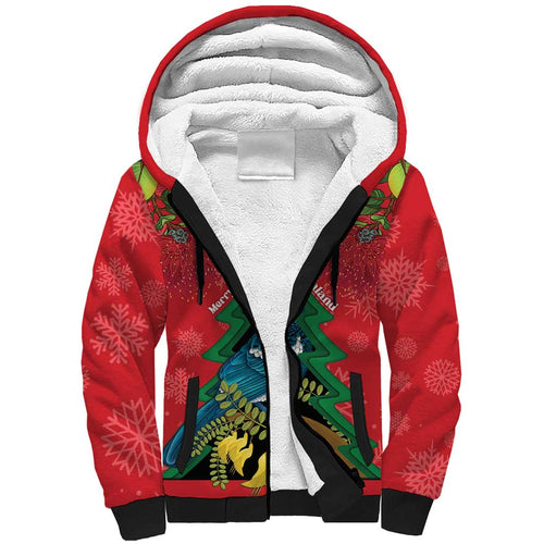 New Zealand Christmas In July Sherpa Hoodie Kowhai Tui Bird With Pohutukawa - Red