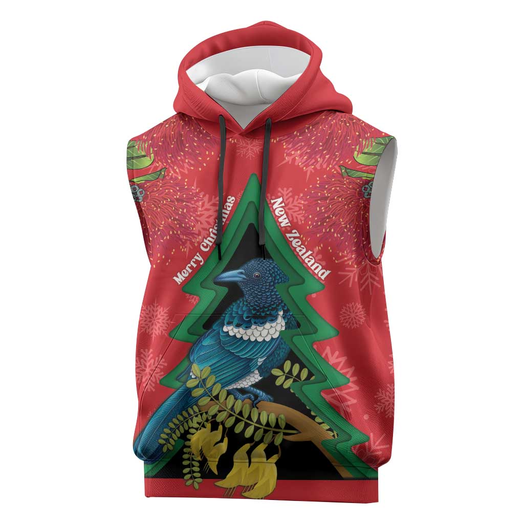 New Zealand Christmas In July Sleeveless Hoodie Kowhai Tui Bird With Pohutukawa - Red - Aussie Hoodie