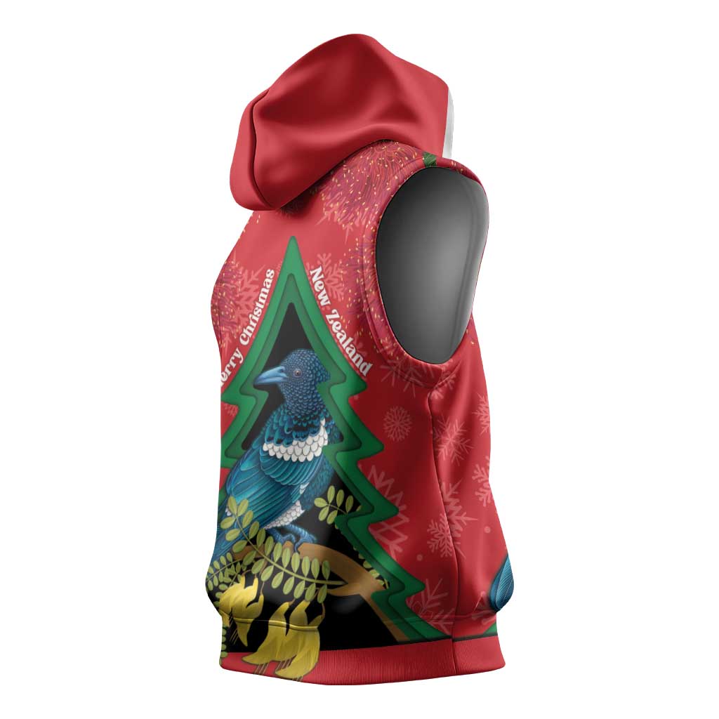 New Zealand Christmas In July Sleeveless Hoodie Kowhai Tui Bird With Pohutukawa - Red - Aussie Hoodie