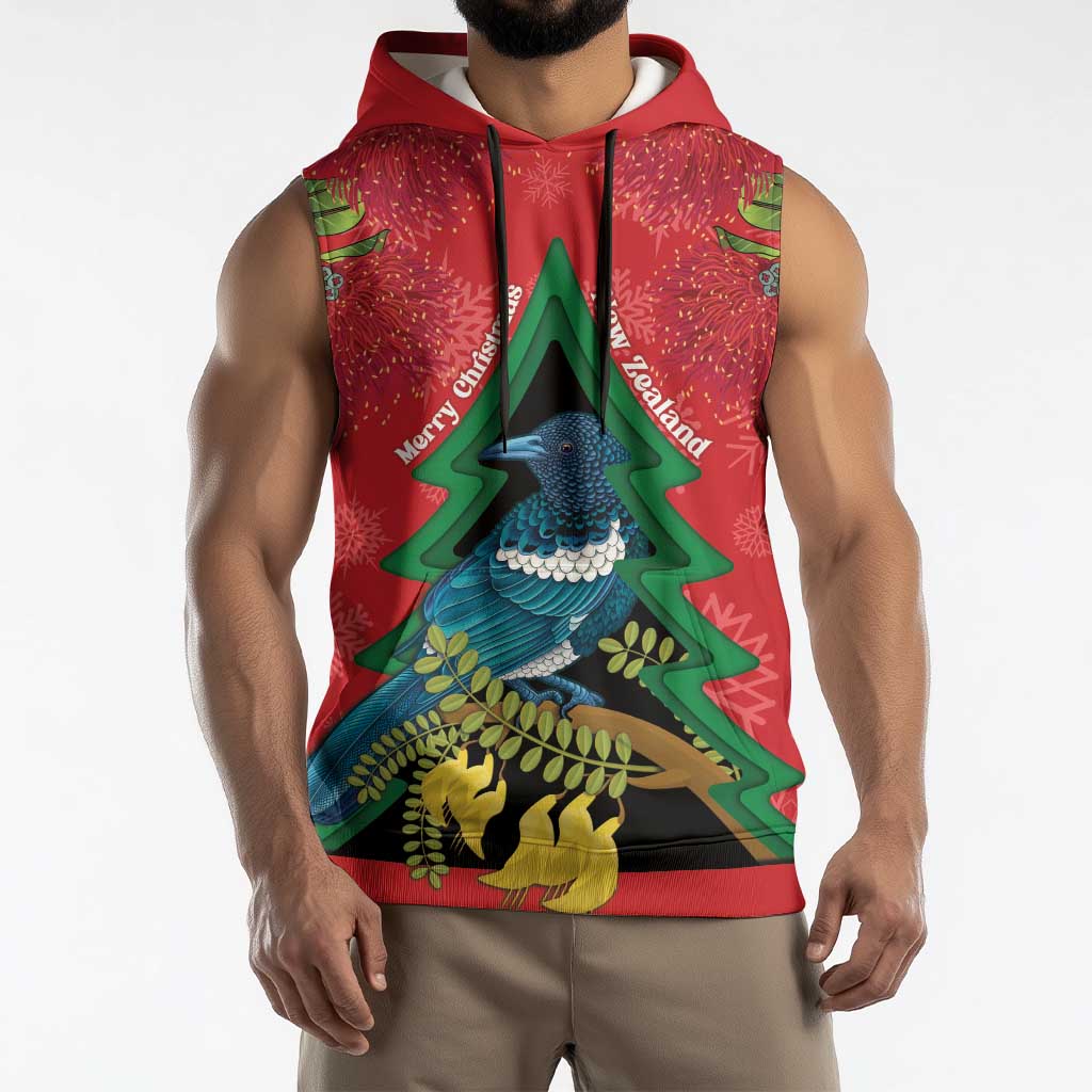 New Zealand Christmas In July Sleeveless Hoodie Kowhai Tui Bird With Pohutukawa - Red - Aussie Hoodie