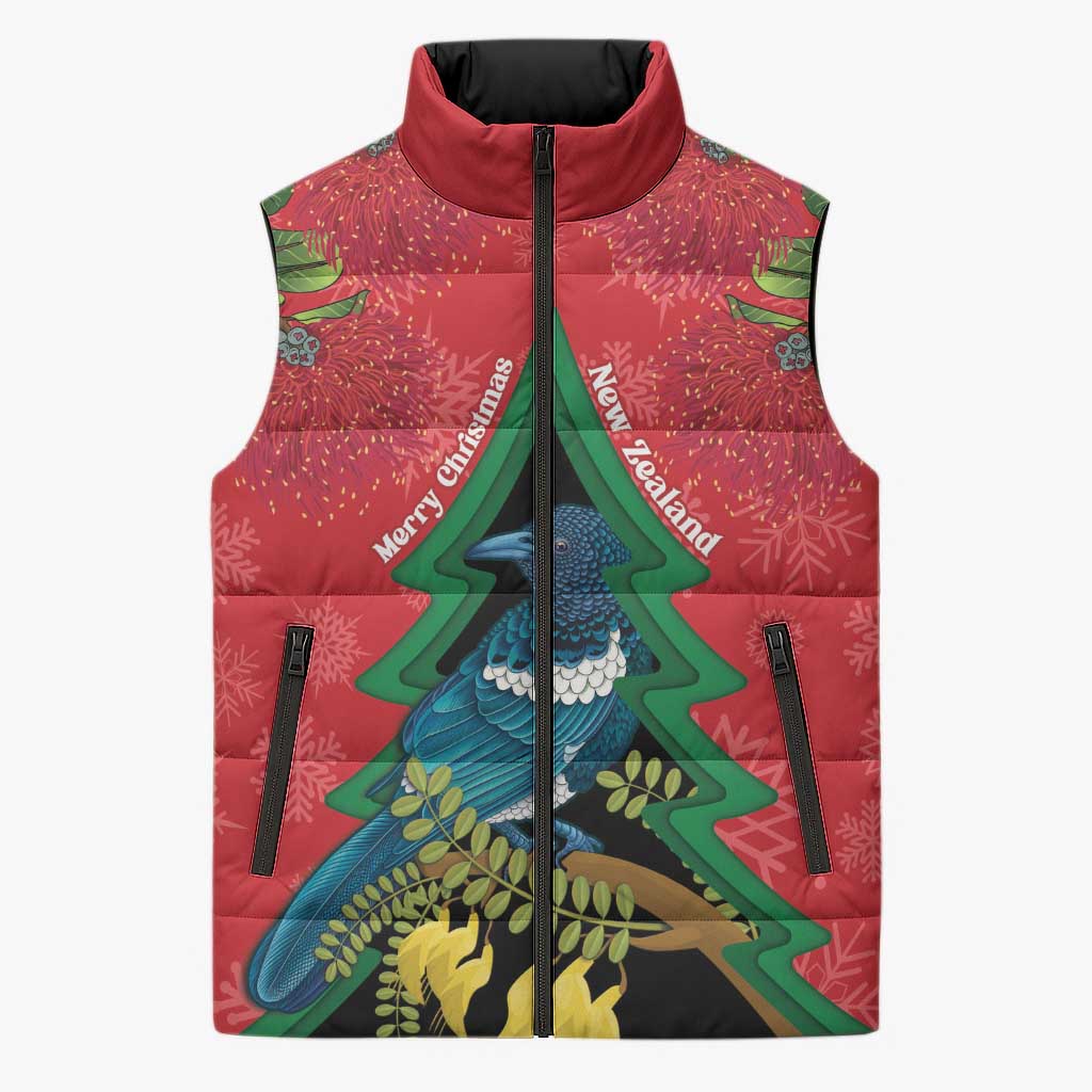 New Zealand Christmas In July Sleeveless Puffer Jacket Kowhai Tui Bird With Pohutukawa - Red - Aussie Hoodie