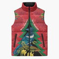 New Zealand Christmas In July Sleeveless Puffer Jacket Kowhai Tui Bird With Pohutukawa - Red - Aussie Hoodie
